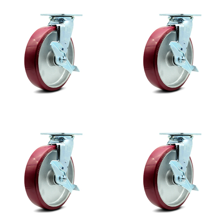 SERVICE CASTER 8 Inch Poly on Aluminum Caster Set with Roller Bearings and Brake/Swivel Lock SCC-30CS820-PAR-TLB-BSL-4